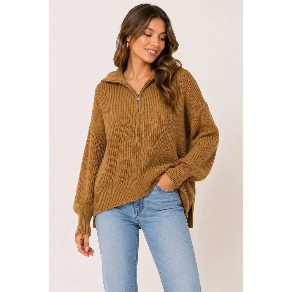 Aerie Oversized Half Zip Sweater XS Camel Chunky Knit Cozy Lounge